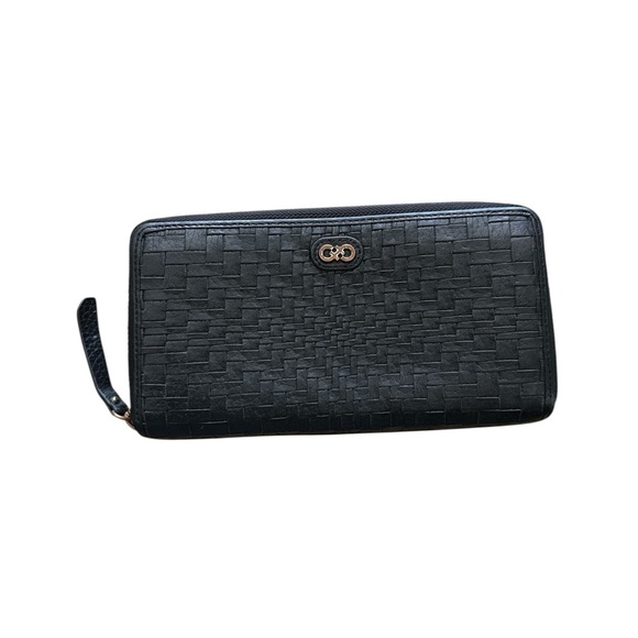 COLE HAAN Leather Woven Zip Around Long Black Wallet - Picture 1 of 5